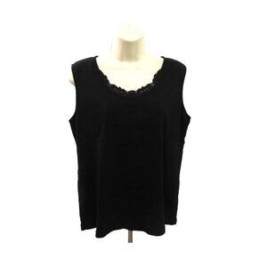 Kate Hill Womens Tank Top Size Large Black Embroidered Lace Neckline 100% Cotton